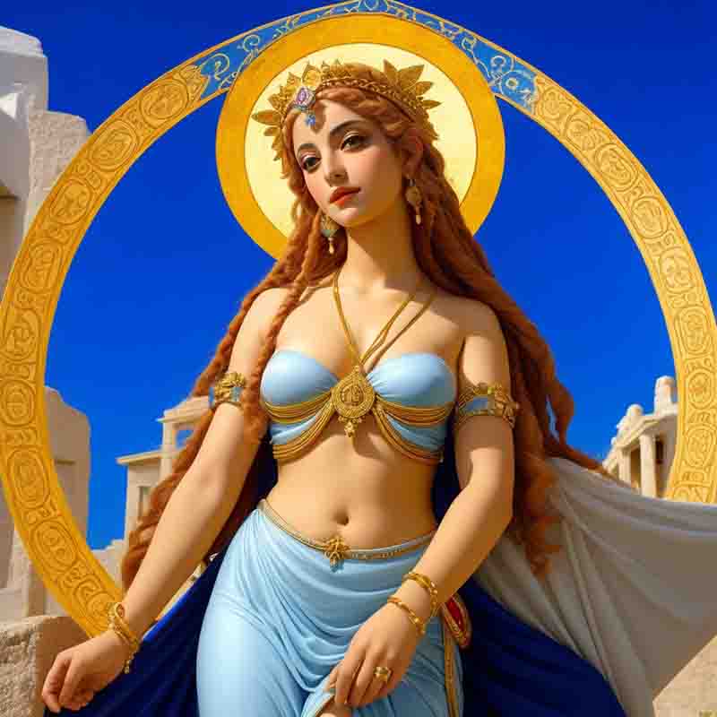 Depiction of a young woman as the Venus symbol. in blue robe in front of a golden circle behind it temple buildings against blue sky